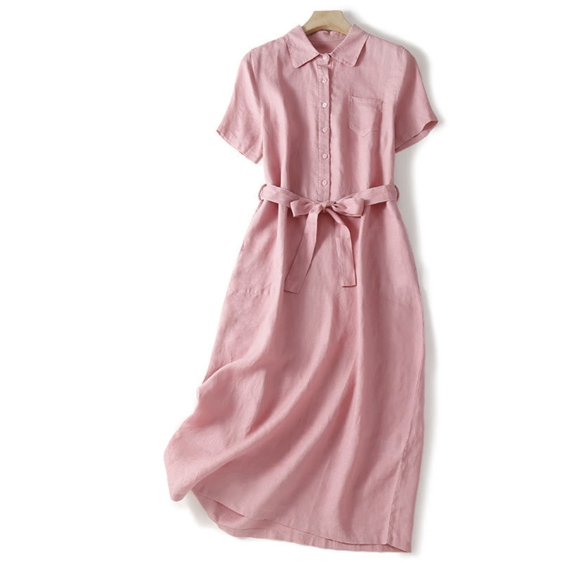 Buddha Stones Summer Lace-up Plain Short Sleeve Cotton Midi Dress With Pockets
