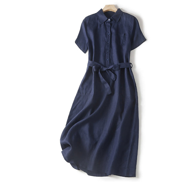 Buddha Stones Summer Lace-up Plain Short Sleeve Cotton Midi Dress With Pockets - Navy - US8-10，UK/AU12-14，EU40-42 (2XL) - image 22