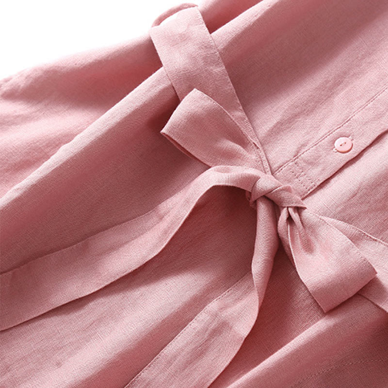 Buddha Stones Summer Lace-up Plain Short Sleeve Cotton Midi Dress With Pockets - image 3