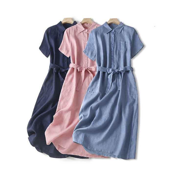 Buddha Stones Summer Lace-up Plain Short Sleeve Cotton Midi Dress With Pockets - image 0