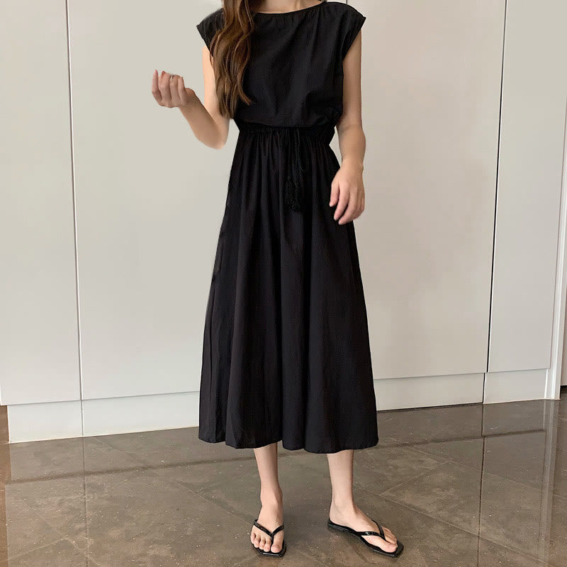 Buddha Stones Casual Eastic Waist Drawstring Design Short Sleeve Cotton Linen Midi Dress - Black - US8-10，UK/AU12-14，EU40-42 (2XL) - image 11