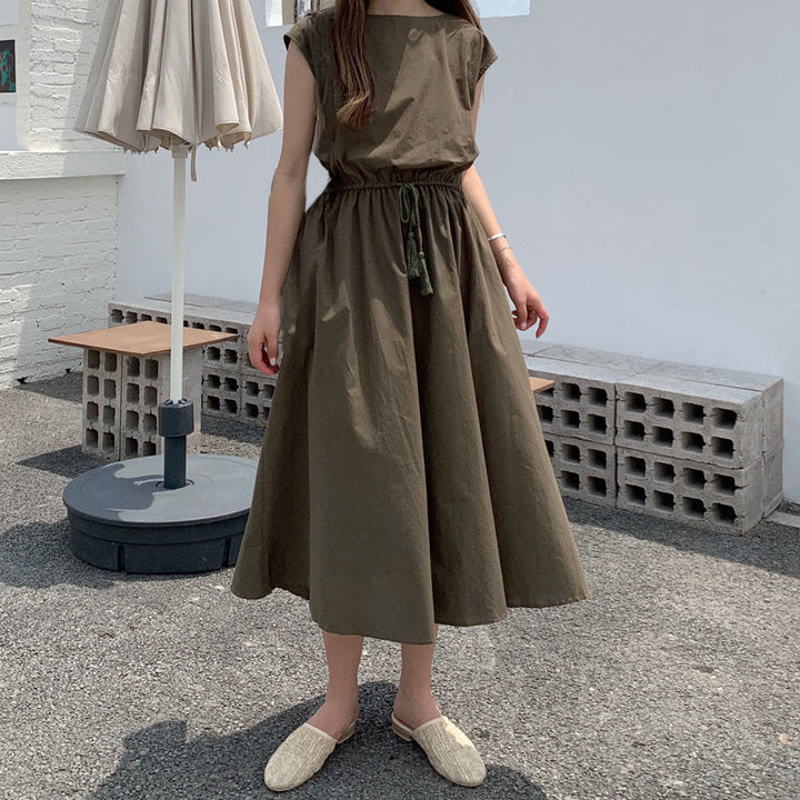 Buddha Stones Casual Eastic Waist Drawstring Design Short Sleeve Cotton Linen Midi Dress - Olive - US8-10，UK/AU12-14，EU40-42 (2XL) - image 26