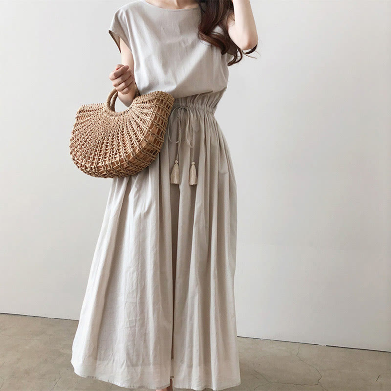Buddha Stones Casual Eastic Waist Drawstring Design Short Sleeve Midi Dress - Linen - US8-10，UK/AU12-14，EU40-42 (2XL) - image 0