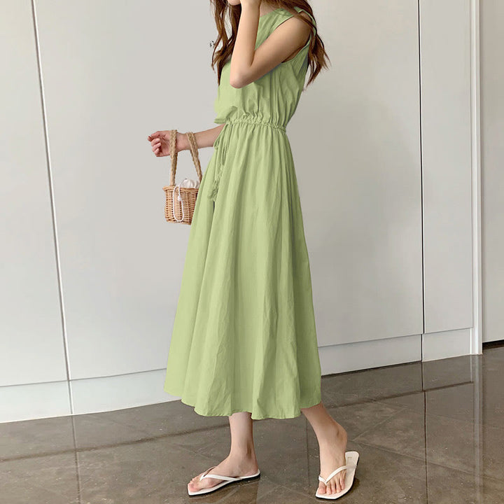 Buddha Stones Casual Eastic Waist Drawstring Design Short Sleeve Cotton Linen Midi Dress - LightGreen - US8-10，UK/AU12-14，EU40-42 (2XL) - image 27