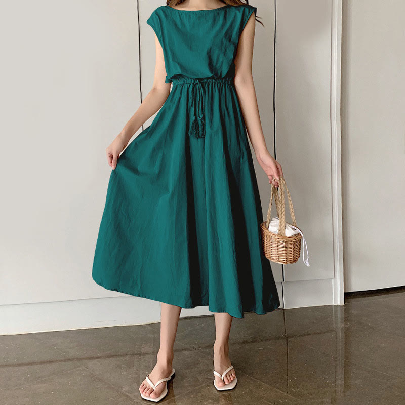 Buddha Stones Casual Eastic Waist Drawstring Design Short Sleeve Midi Dress - DarkCyan - US8-10，UK/AU12-14，EU40-42 (2XL) - image 22