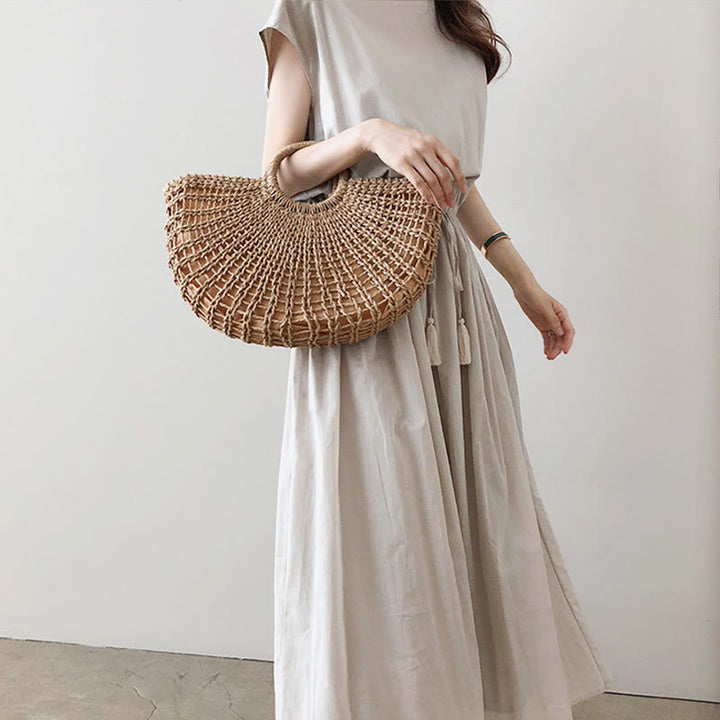 Buddha Stones Casual Eastic Waist Drawstring Design Short Sleeve Midi Dress - image 5