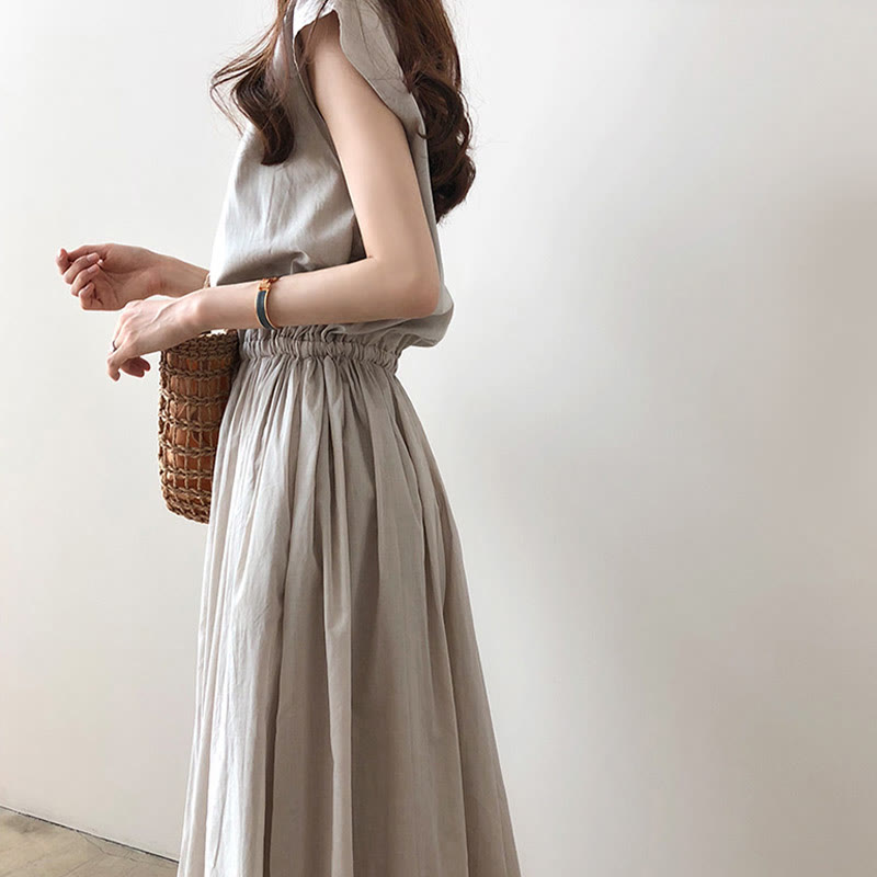 Buddha Stones Casual Eastic Waist Drawstring Design Short Sleeve Cotton Linen Midi Dress - image 6