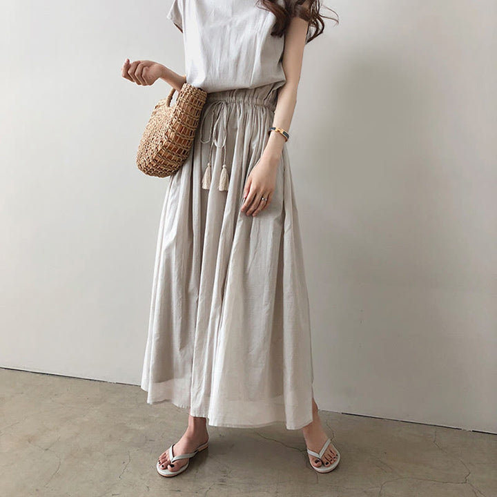Buddha Stones Casual Eastic Waist Drawstring Design Short Sleeve Cotton Linen Midi Dress - image 2