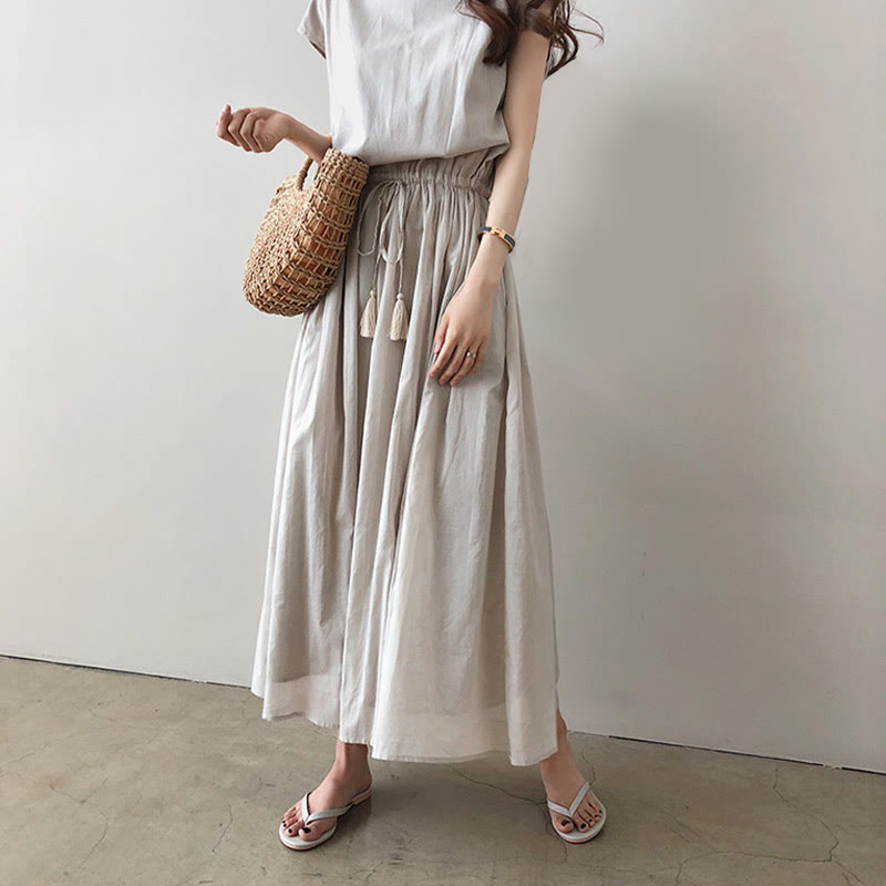 Buddha Stones Casual Eastic Waist Drawstring Design Short Sleeve Midi Dress - image 2