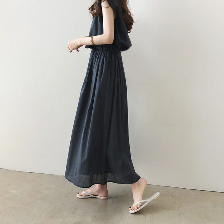 Buddha Stones Casual Eastic Waist Drawstring Design Short Sleeve Midi Dress - image 18