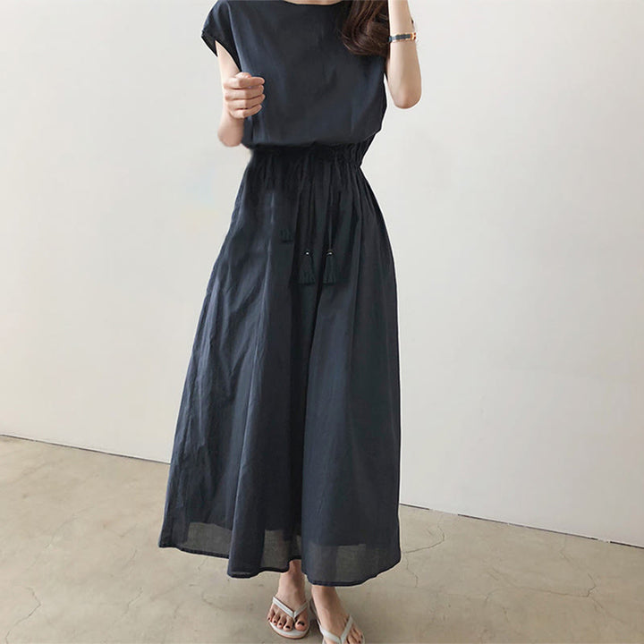 Buddha Stones Casual Eastic Waist Drawstring Design Short Sleeve Midi Dress - image 16