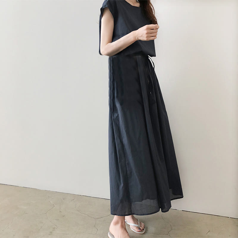 Buddha Stones Casual Eastic Waist Drawstring Design Short Sleeve Midi Dress - image 20