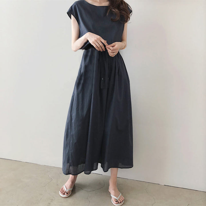 Buddha Stones Casual Eastic Waist Drawstring Design Short Sleeve Midi Dress - image 19