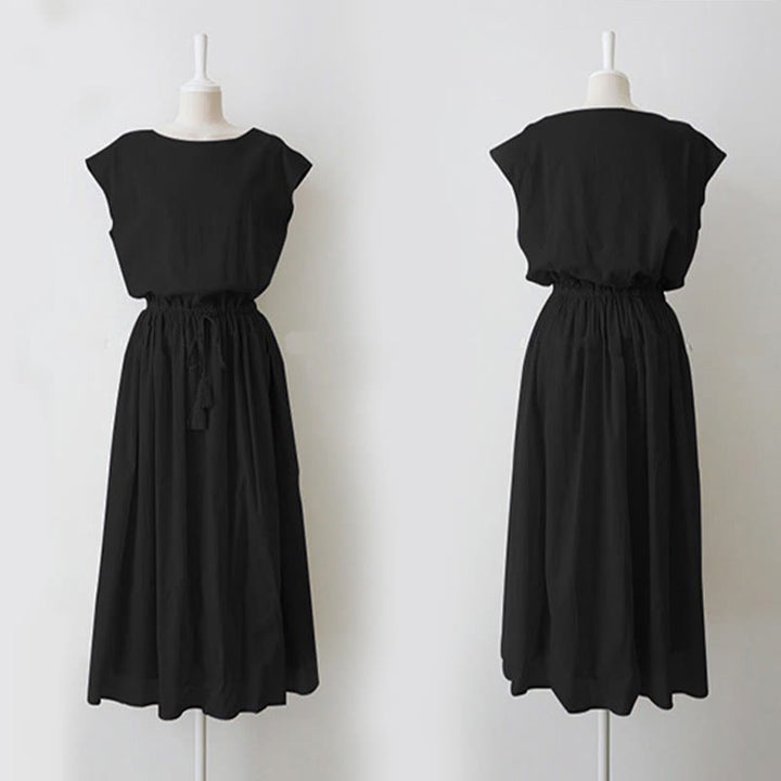 Buddha Stones Casual Eastic Waist Drawstring Design Short Sleeve Cotton Linen Midi Dress - image 12