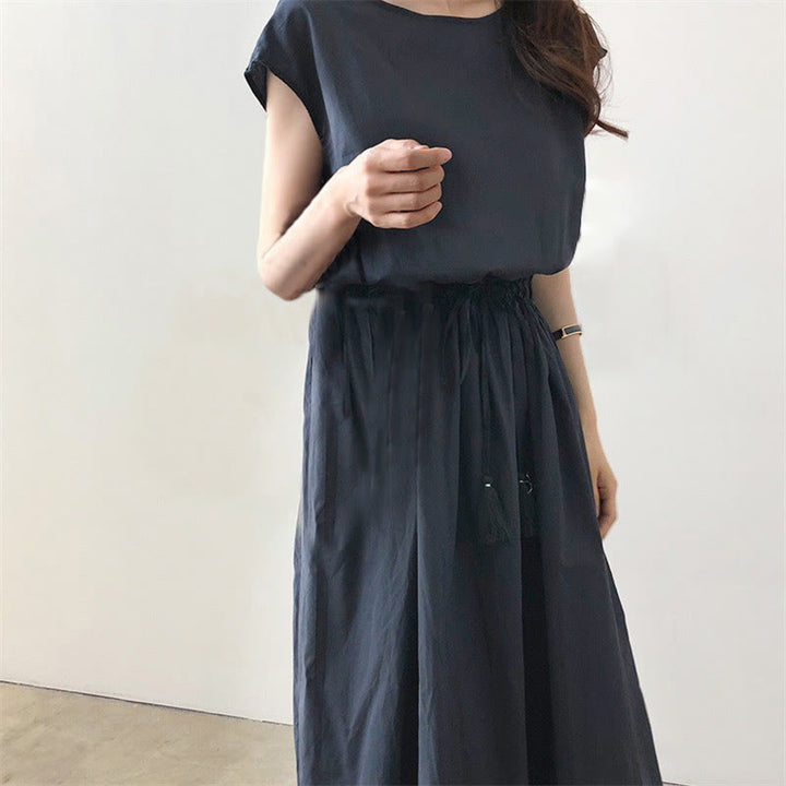 Buddha Stones Casual Eastic Waist Drawstring Design Short Sleeve Midi Dress - image 22