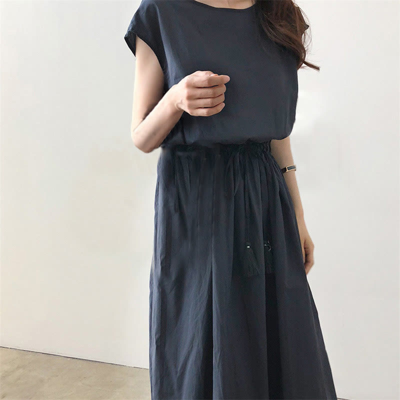 Buddha Stones Casual Eastic Waist Drawstring Design Short Sleeve Midi Dress - image 21