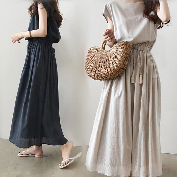 Buddha Stones Casual Eastic Waist Drawstring Design Short Sleeve Cotton Linen Midi Dress - image 10