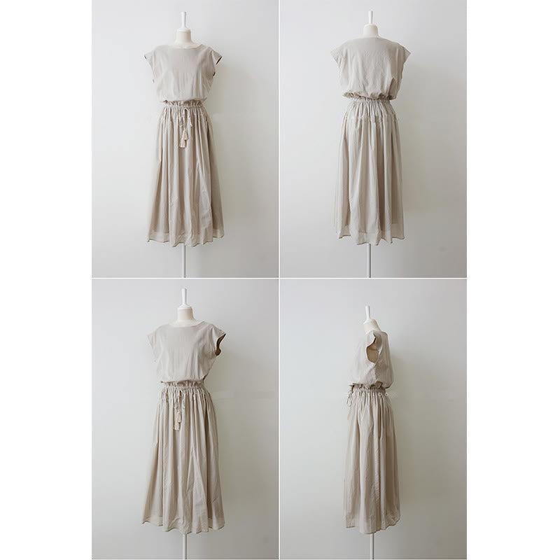 Buddha Stones Casual Eastic Waist Drawstring Design Short Sleeve Cotton Linen Midi Dress - image 9