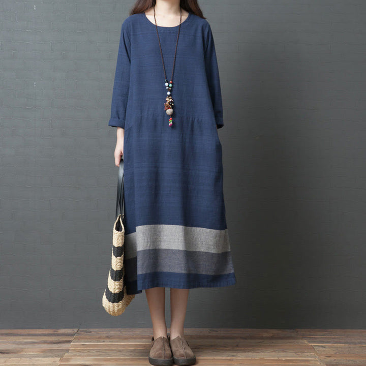 Buddha Stones Casual Stripes Long Sleeve Cotton Linen Midi Dress With pockets - SteelBlue - US8-10，UK/AU12-14，EU40-42 (2XL) - image 0