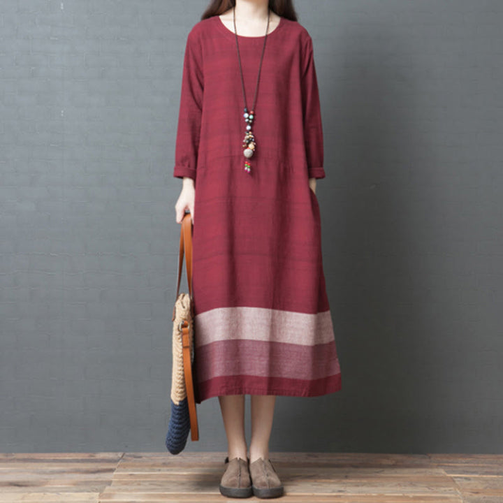 Buddha Stones Casual Stripes Long Sleeve Cotton Linen Midi Dress With pockets - Crimson - US8-10，UK/AU12-14，EU40-42 (2XL) - image 11