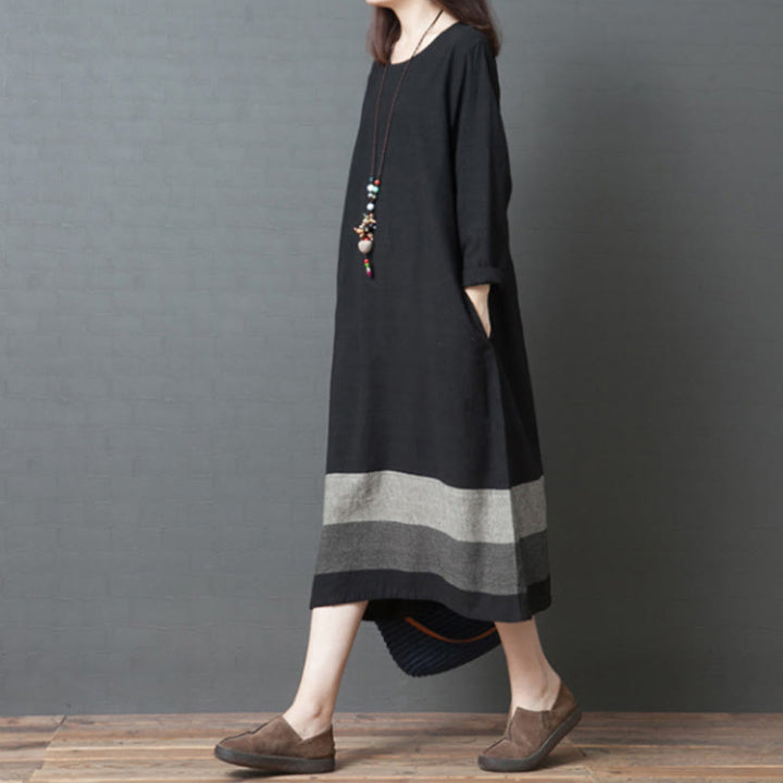 Buddha Stones Casual Stripes Long Sleeve Cotton Linen Midi Dress With pockets - image 14