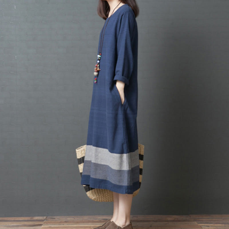 Buddha Stones Casual Stripes Long Sleeve Cotton Linen Midi Dress With pockets - image 2