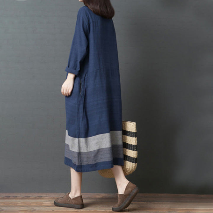 Buddha Stones Casual Stripes Long Sleeve Cotton Linen Midi Dress With pockets - image 3