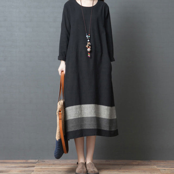 Buddha Stones Casual Stripes Long Sleeve Cotton Linen Midi Dress With pockets - Black - US8-10，UK/AU12-14，EU40-42 (2XL) - image 13