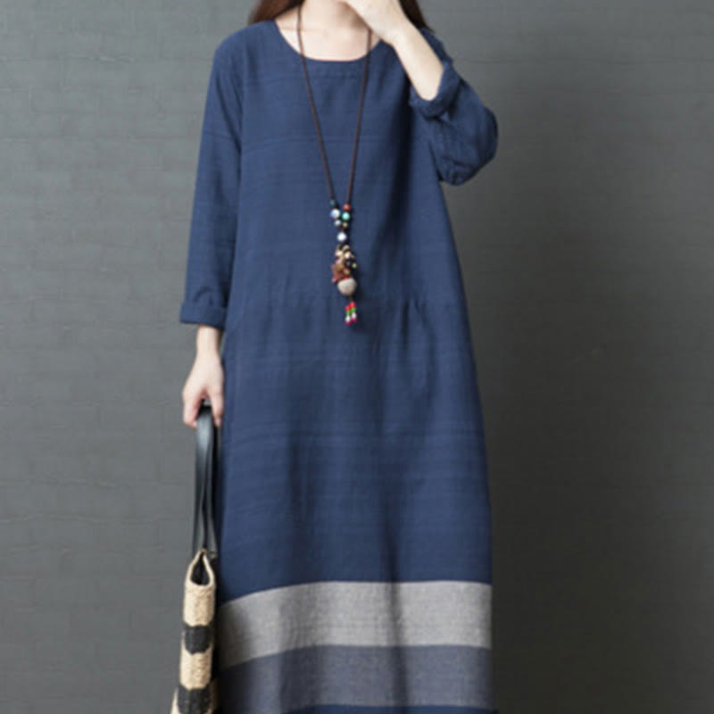 Buddha Stones Casual Stripes Long Sleeve Cotton Linen Midi Dress With pockets - image 8