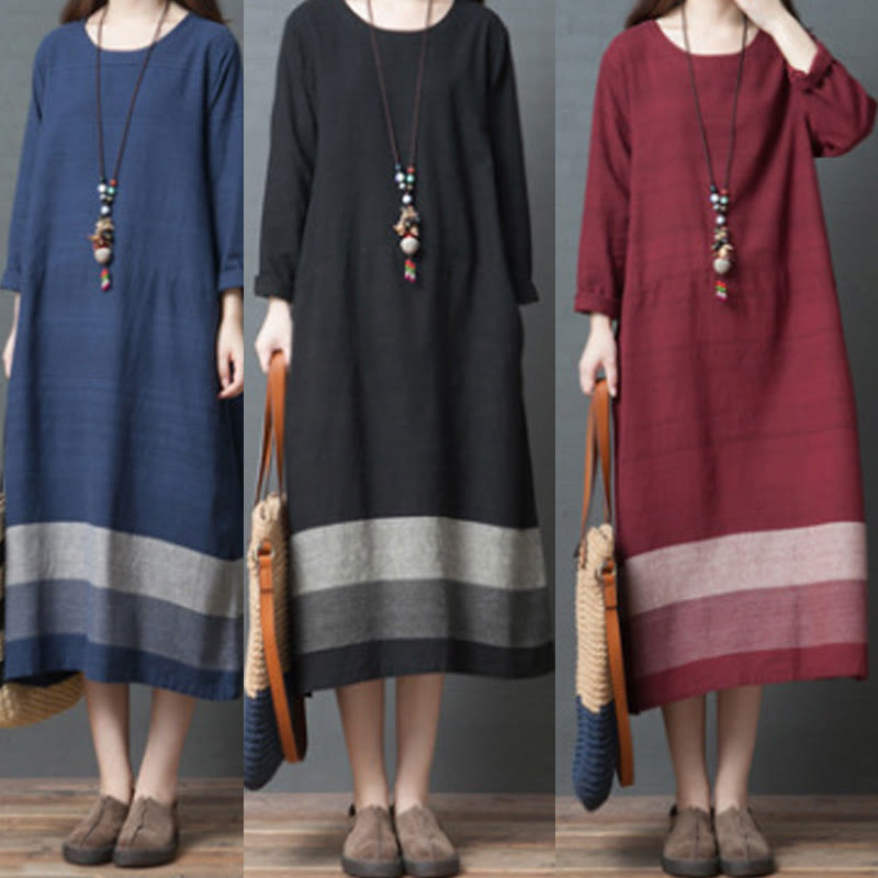 Buddha Stones Casual Stripes Long Sleeve Cotton Linen Midi Dress With pockets - image 16