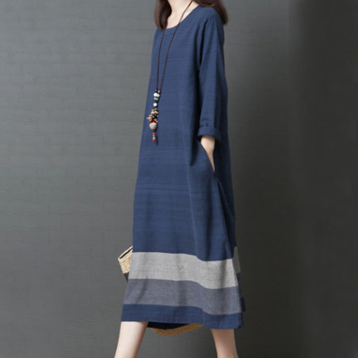 Buddha Stones Casual Stripes Long Sleeve Cotton Linen Midi Dress With pockets - image 7