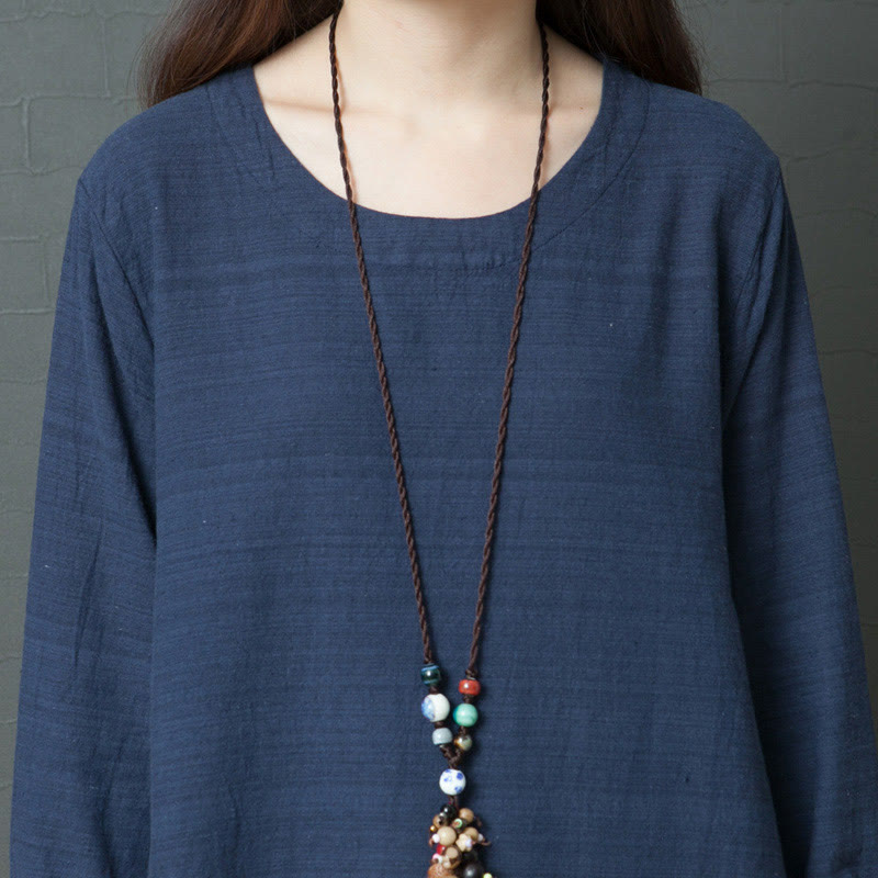 Buddha Stones Casual Stripes Long Sleeve Cotton Linen Midi Dress With pockets - image 5