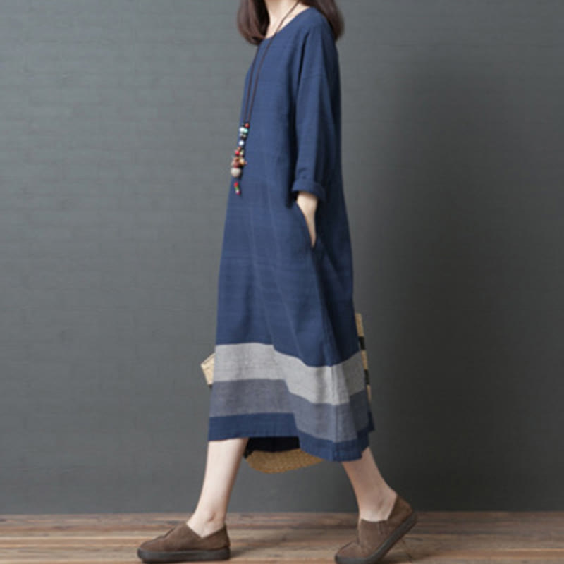 Buddha Stones Casual Stripes Long Sleeve Cotton Linen Midi Dress With pockets - image 6