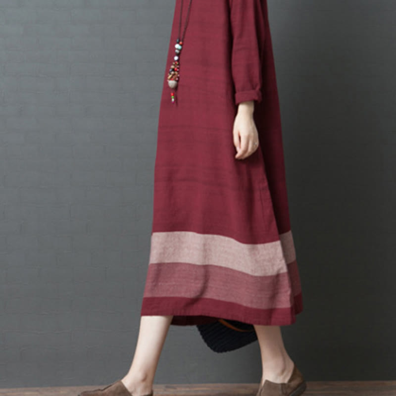Buddha Stones Casual Stripes Long Sleeve Cotton Linen Midi Dress With pockets - image 12