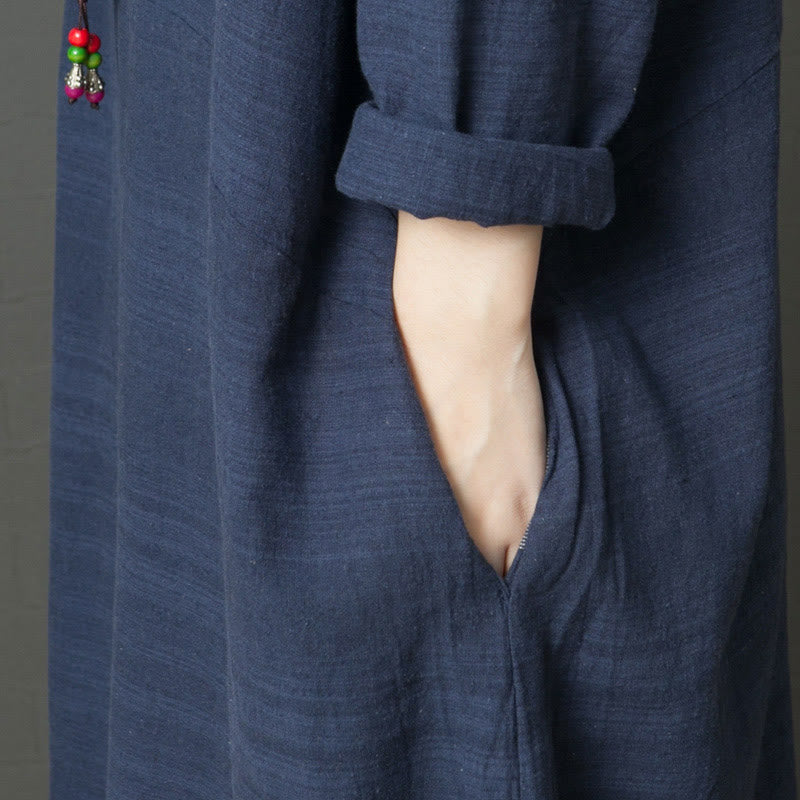 Buddha Stones Casual Stripes Long Sleeve Cotton Linen Midi Dress With pockets - image 4