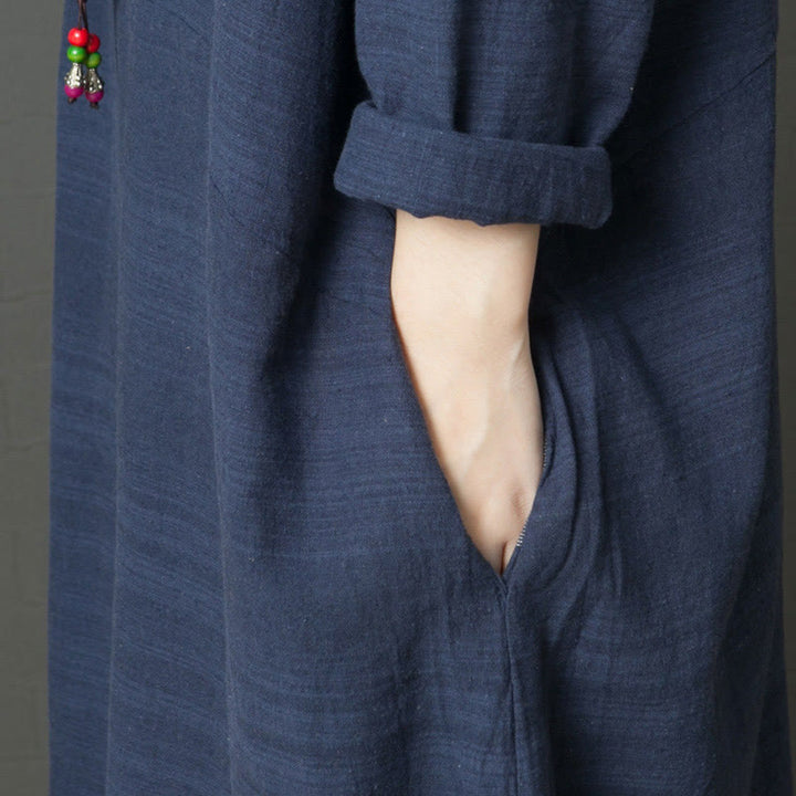 Buddha Stones Casual Stripes Long Sleeve Cotton Linen Midi Dress With pockets - image 4