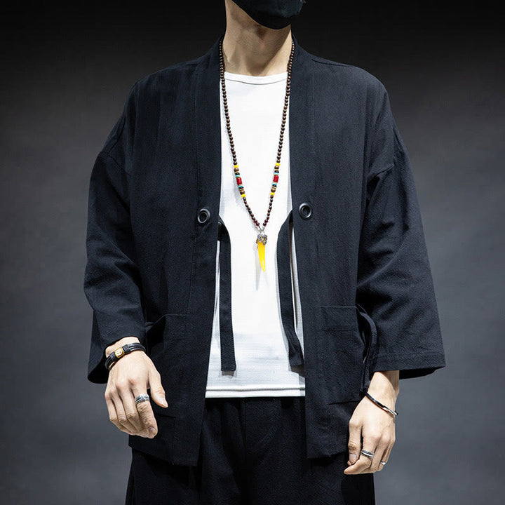 Buddha Stones Solid Color Lace-up Open Front Jacket Cotton Men's Kimono - Black - US/UK/AU46，EU56 (5XL) - image 5