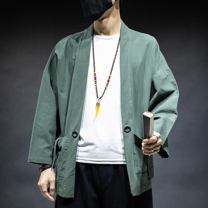 Buddha Stones Solid Color Lace-up Open Front Jacket Cotton Men's Kimono - MediumAquamarine - US/UK/AU46，EU56 (5XL) - image 22