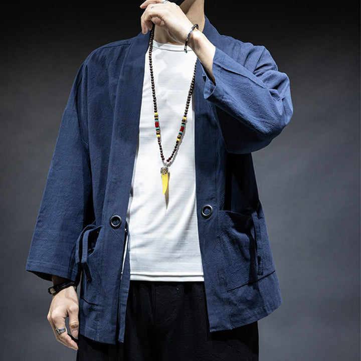 Buddha Stones Solid Color Lace-up Open Front Jacket Cotton Men's Kimono - image 3