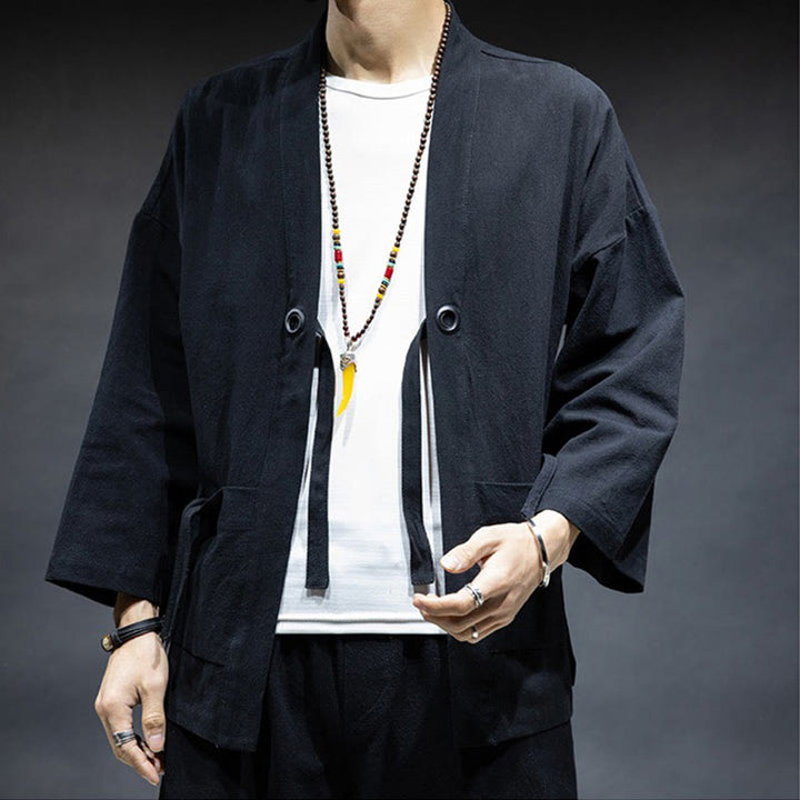 Buddha Stones Solid Color Lace-up Open Front Jacket Cotton Men's Kimono - image 6