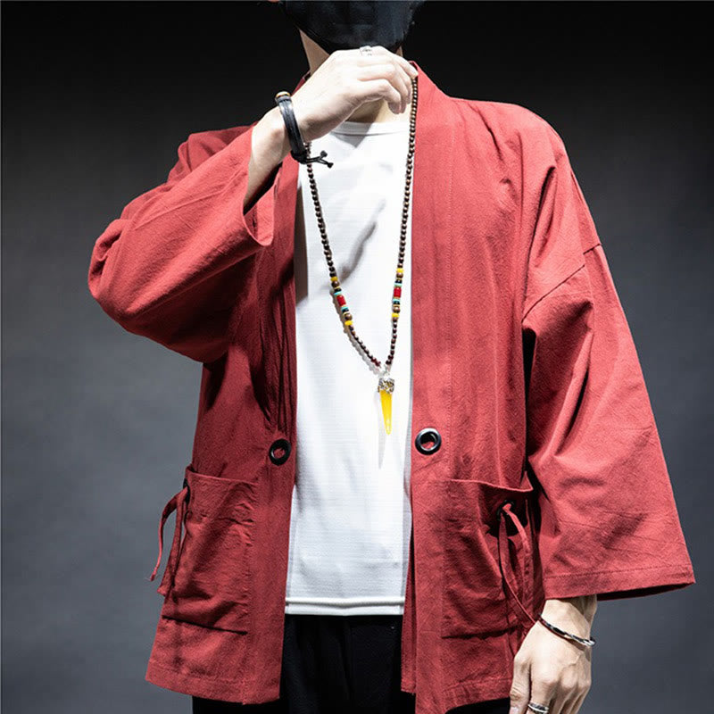 Buddha Stones Solid Color Lace-up Open Front Jacket Cotton Men's Kimono - image 15