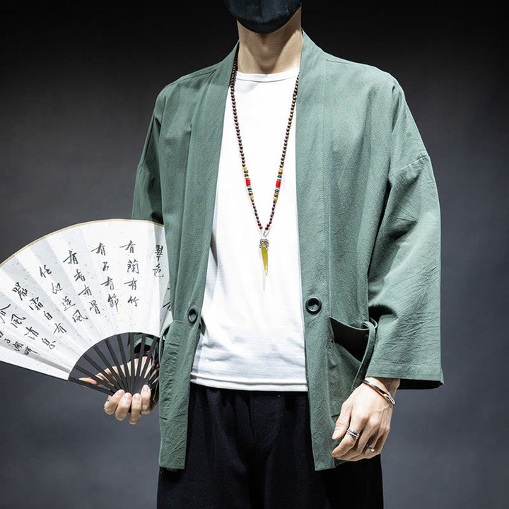 Buddha Stones Solid Color Lace-up Open Front Jacket Cotton Men's Kimono - image 23