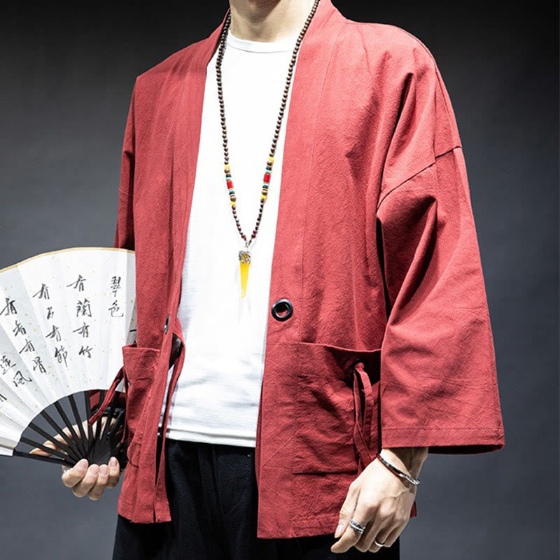 Buddha Stones Solid Color Lace-up Open Front Jacket Cotton Men's Kimono - image 13