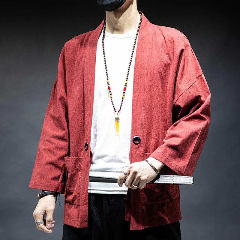 Buddha Stones Solid Color Lace-up Open Front Jacket Cotton Men's Kimono - image 18