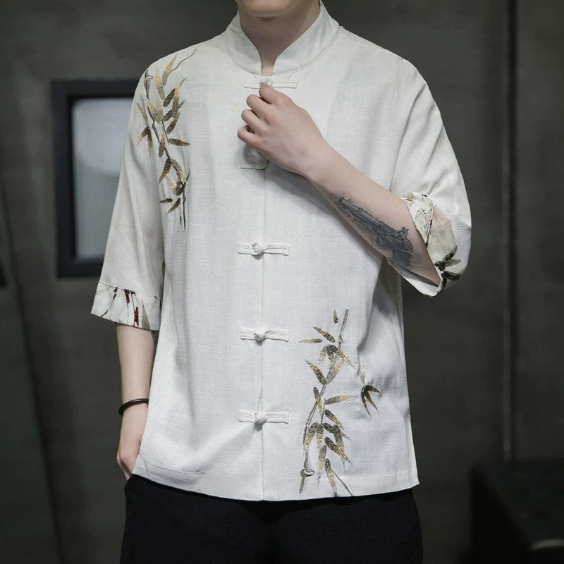 Buddha Stones Men's Frog-Button Bamboo Linen Half Sleeve Shirt - image 1