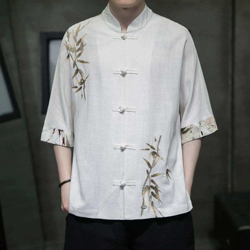 Buddha Stones Men's Frog-Button Bamboo Linen Half Sleeve Shirt - White - US/UK/AU42，EU52 (3XL) - image 0