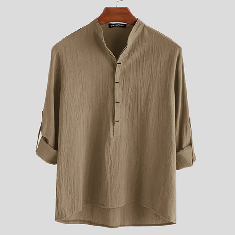 Buddha Stones Solid Color Half Buttons Long Sleeve Cotton Men's Shirts - Tan - US/UK/AU42，EU52 (3XL) - image 7