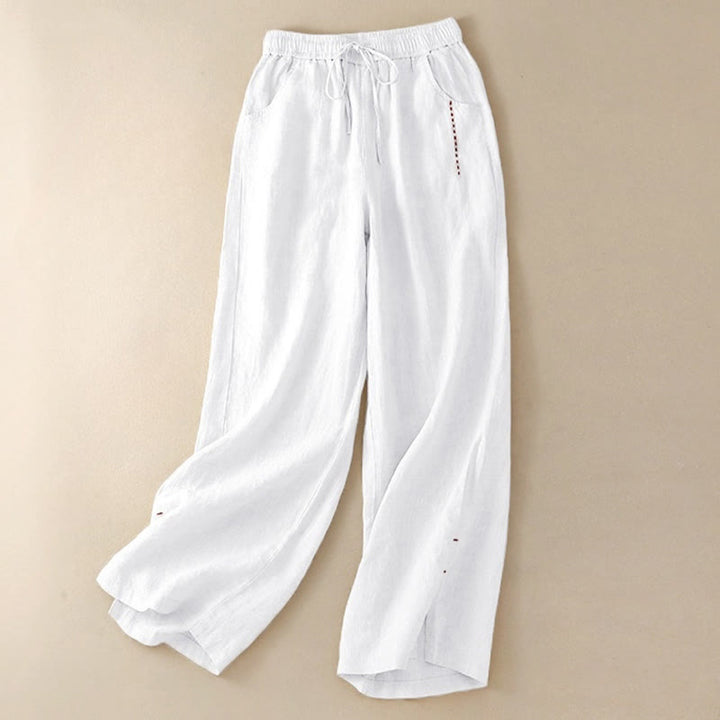 Buddha Stones Summer Casual Plain Color Embroidery Drawstring Cotton Linen Women's Wide Leg Pants With Pockets - image 15