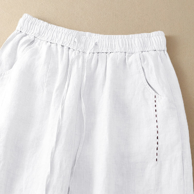 Buddha Stones Summer Casual Plain Color Embroidery Drawstring Cotton Linen Women's Wide Leg Pants With Pockets - image 17
