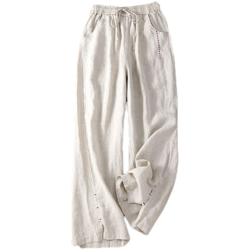 Buddha Stones Summer Casual Plain Color Embroidery Drawstring Cotton Linen Women's Wide Leg Pants With Pockets - image 13